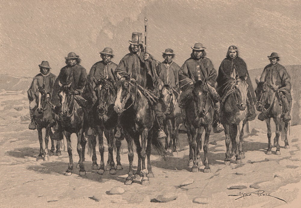 Araucanian (Mapuche) Cacique and his staff. Chile 1885 old antique print: Araucanian Cacique and his staff'. Engraved for Élisée Reclus. Published 1885. Antique wood-engraved print. Size 13 x 18 cm | 5.0 x 7.0 inches. Condition: Good; suitable for framing. Please 