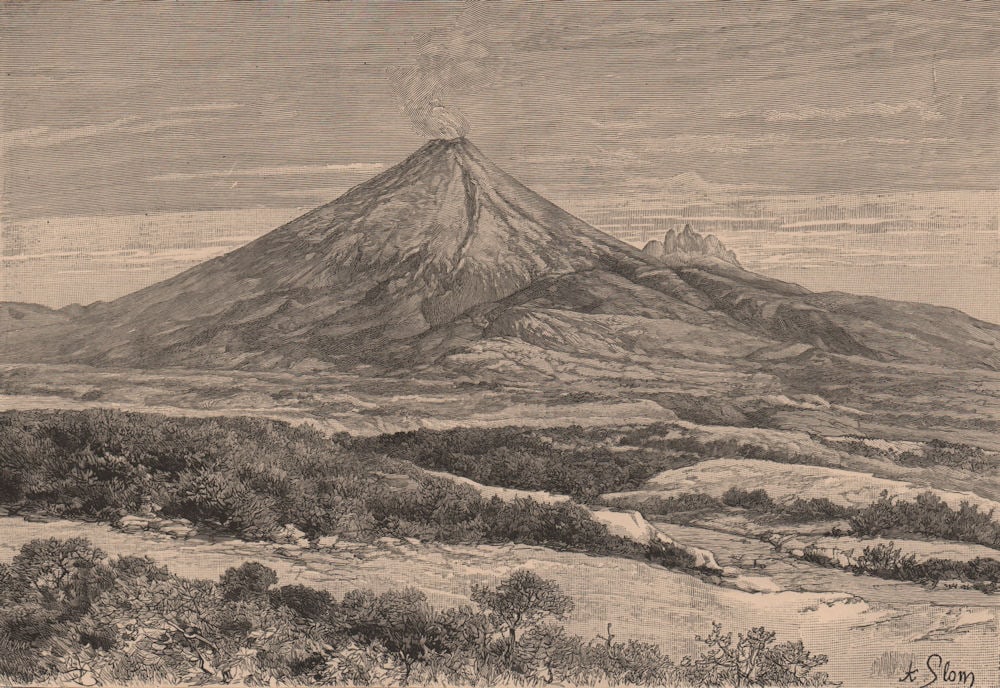West view of Cotopaxi, taken near Santa Ana de Tuipullo. Ecuador 1885 print: West view of Cotopaxi, taken near Santa Ana de Tuipullo'. Engraved by A. Slom. Published 1885. Antique wood-engraved print. Size 13 x 19 cm | 5.0 x 7.5 inches. Condition: Good; suitable for framing. P