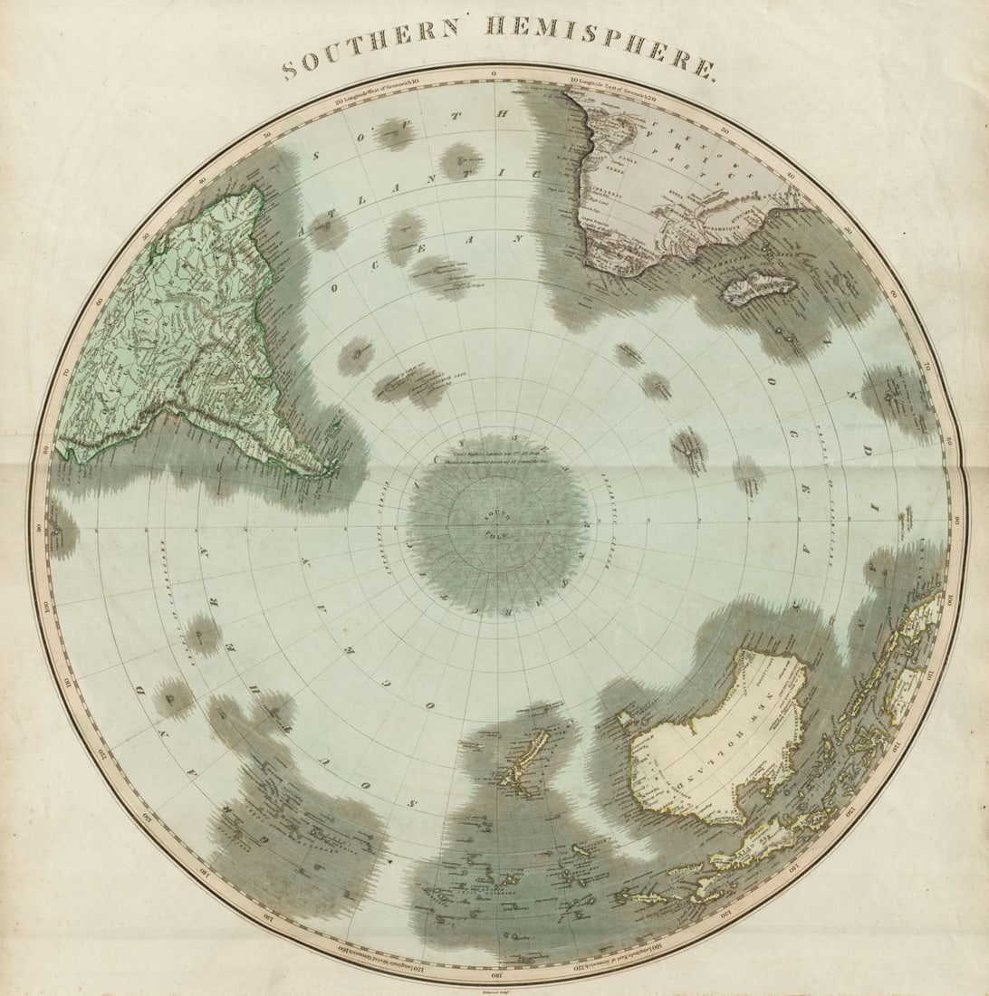 Southern hemisphere Antarctic Australia South America/Africa. THOMSON 1817 map: Southern hemisphere'. Drawn & engraved by James Kirkwood & Son for John Thomson's "New General Atlas". Published Published in 1817. Antique early 19th century atlas map with original hand colouring. S