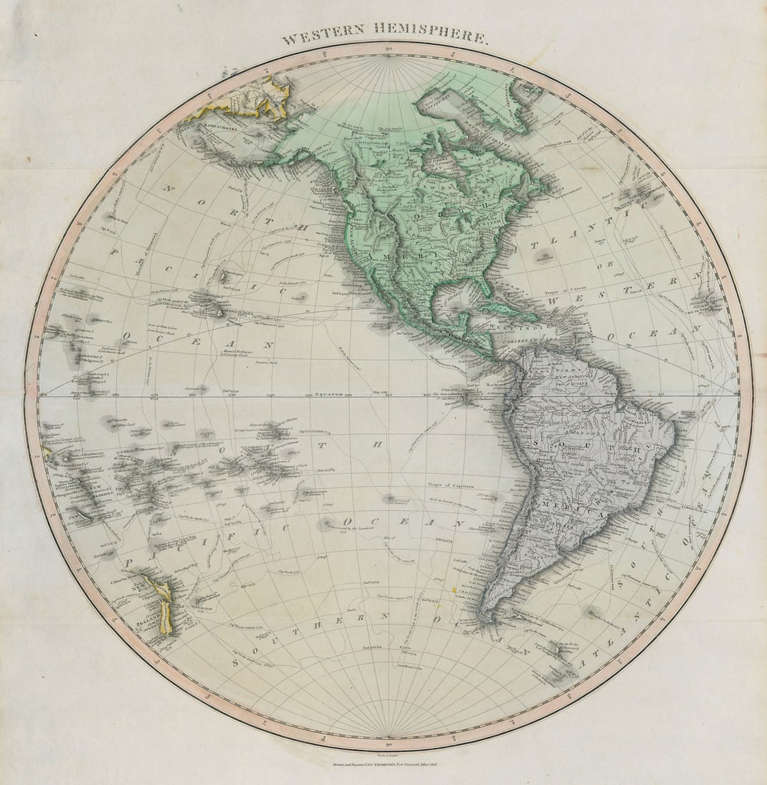 Western hemisphere. North / South America. Polynesia. THOMSON 1817 old map: Western hemisphere'. Drawn & engraved for John Thomson's "New General Atlas". Published Published in 1817. Engraved in 1815; this date is marked on the map. Antique early 19th century atlas map with o