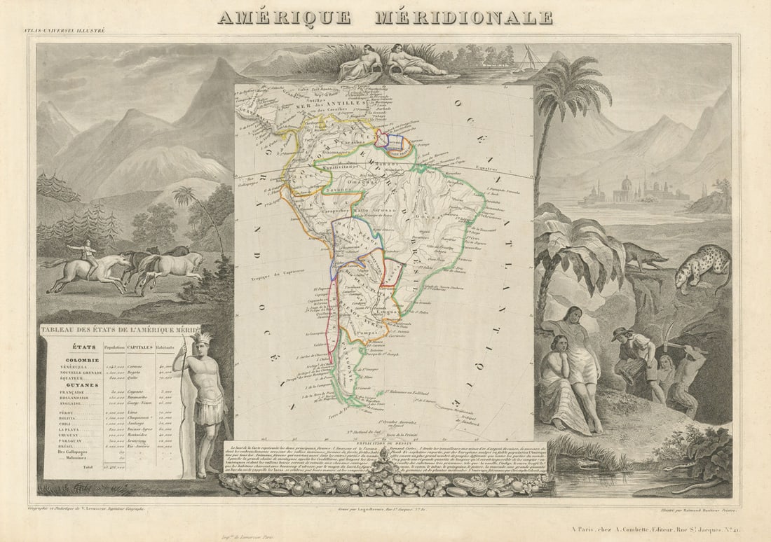 AMÉRIQUE MERIDIONALE. South America. Antique map/carte. LEVASSEUR 1856 old: Amérique Meridionale' by Levasseur, Victor. Published 1856. Antique steel engraved map with outline hand colour (color) applied at the time of printing. Wide margins. Size 31 x 43 cm | 12.0 x 17.