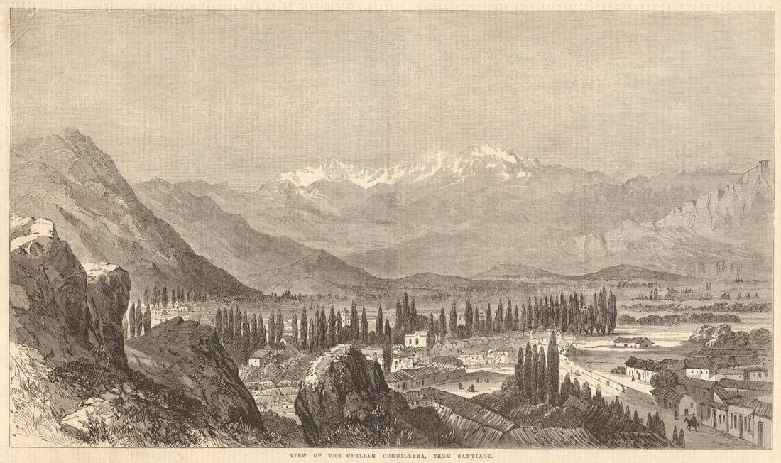 View of the Chilian cordillera, from Santiago. Chile Andes 1864 old print: View of the Chilian cordillera, from Santiago' by Illustrated London News. Published 6 February 1864. Antique wood-engraved print. Illustrated London News full page from 6 February 1864. Size 39 x 26 