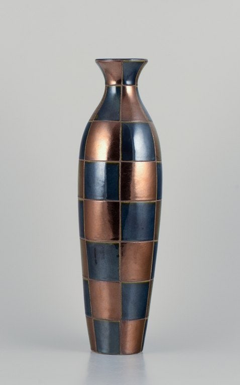 French ceramic artist. Large unique ceramic vase in a modernist design. Square sections in blue and (1 of 7)