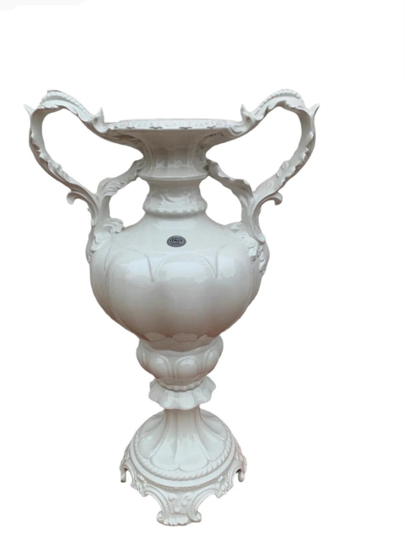 Vintage Italian Azzolin Brothers White Capodimonte Vase: Vintage from before 2000 Vintage Italian Azzolin Brothers White Capodimonte Vase with Handles Decorate your side table with this monochrome white ceramic vase. The vase is ornately constructed with la