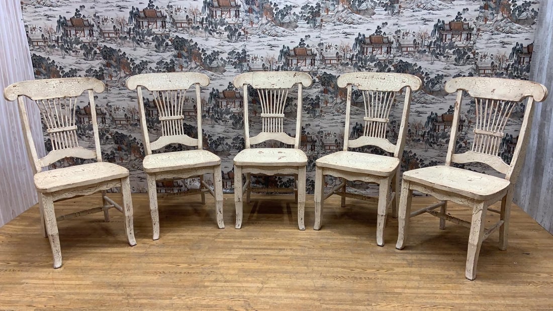 Vintage Farmhouse Style Distressed Dining Chairs - Set of 5: Vintage from before 2000 Vintage Farmhouse Style Distressed Dining Chairs - Set of 5 Featuring five vintage farmhouse style distressed dining chairs, designed to bring a rustic charm to any home. Craf