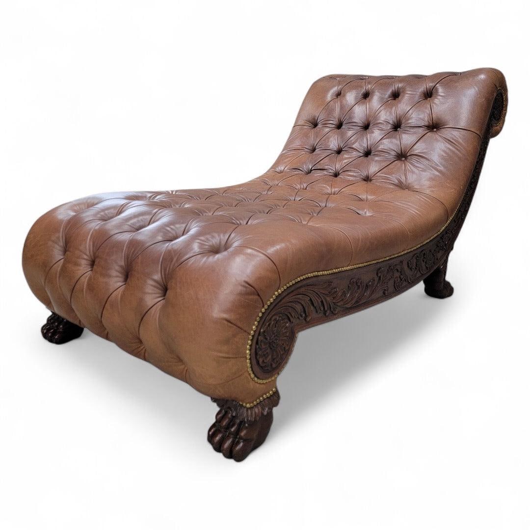 Antique Chesterfield Style Carved Oak Tufted Chaise Lounge Upholstered in Leather (1 of 8)