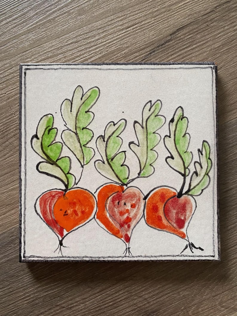 Vintage 1960s 1970s Italian Ceramic Tile Radishes Art or Trivet: 3 radish, Colorful. GREAT and groovy 60s /70s cusp design. For display, trivet or hang on wall with hanger. Measurements: 7.75 x 7.75" (19.68 x 19.68cm) Width .25" (16.51cm). Stamp/Label: De Simone fo