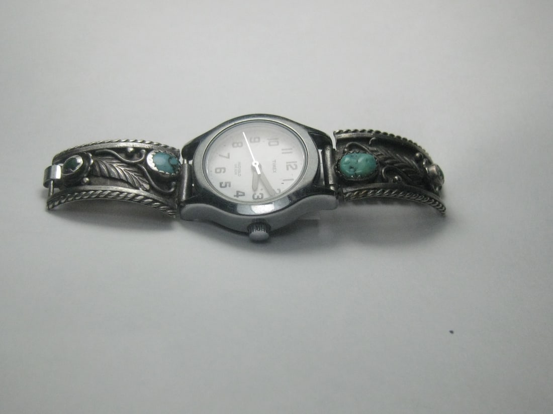 Vintage Southwestern Sterling Turquoise Watch Tips and Watch, Ladies, 1970's (1 of 6)