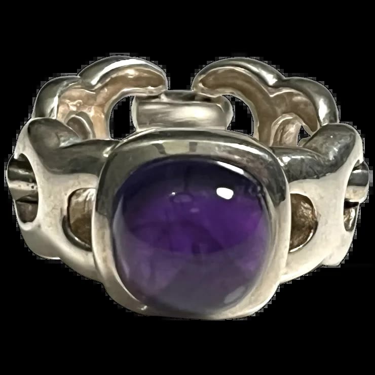 Vintage AC Studio Sterling Silver Amethyst Cabochon Flex Chain Link Ring (1 of 9)