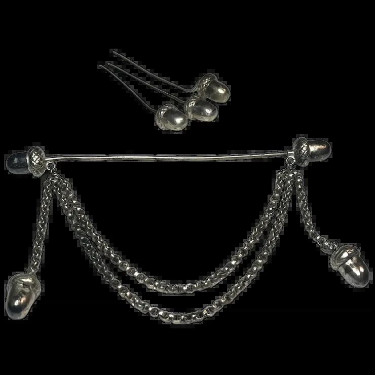 Vintage Acorn Collar/ Cloak Pin with Three Additional Acorn Stickpins: Title: Vintage Acorn Collar/ Cloak Pin with Three Additional Acorn Stickpins Description: Vintage Acorn Collar/ Cloak Pin with Three Additional Acorn Stickpins Metal, Quality Costume Jewelry Pieces Pi