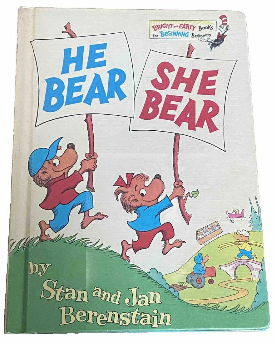1974 Berenstain Bears He Bear She Bear 1st Ed Grolier Book Club HC Very Good: This 1974 first edition hardcover book, titled "He Bear She Bear" is a delightful addition to any child's book collection. The book features adorable male and female bears, as well as charming illustr