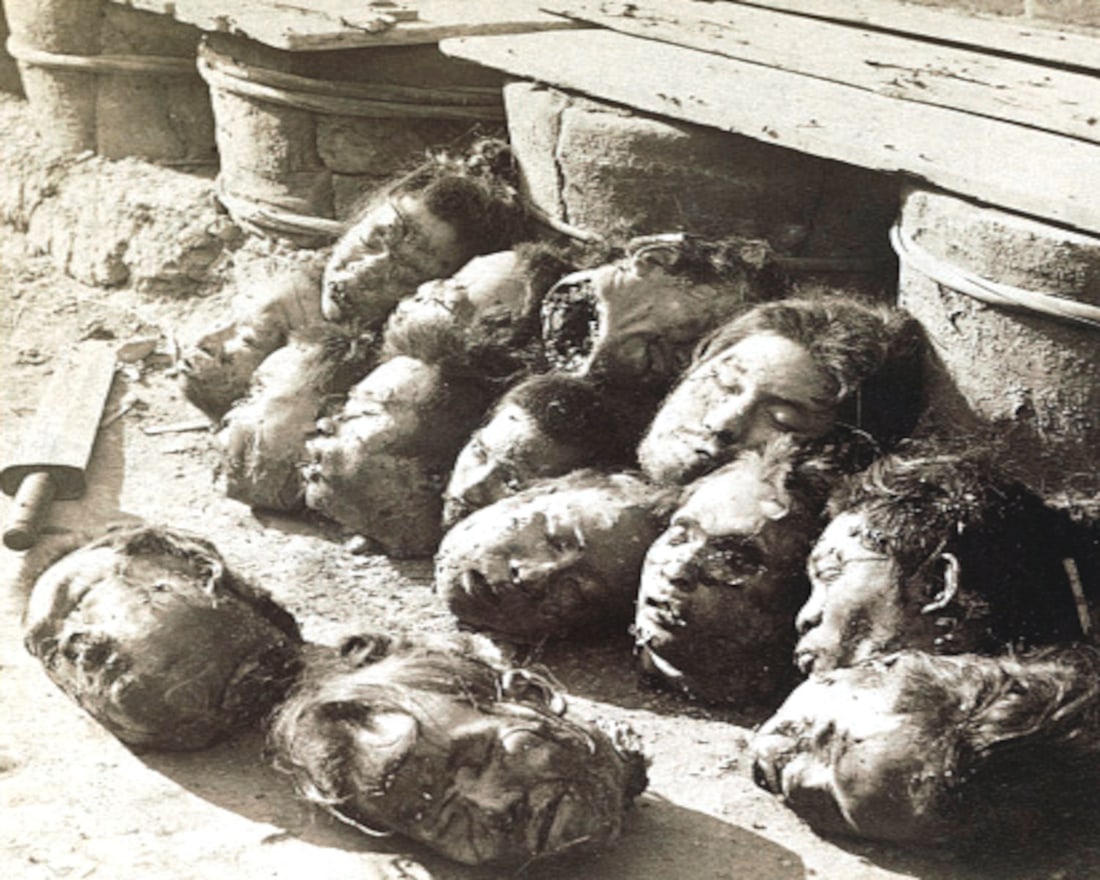 1901, BOXER REBELLION; Decapitated heads scattered on the ground outside prison; China.: Title: 1901, BOXER REBELLION; Decapitated heads scattered on the ground outside prison; China. Artist/Source: Benjamin West Kilburn Original Date: SEE TITLE Dimensions (in inches): 8X10 Description: |
