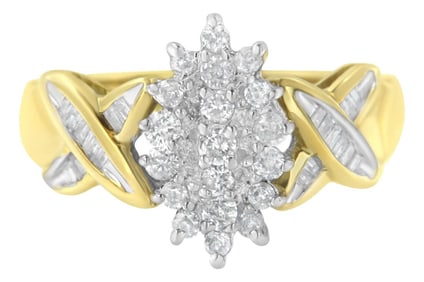 10K Two-Toned Round Baguette Diamond Cluster Ring (1/2 Cttw, I-J Color, I2-I3 Clarity) - Size 7