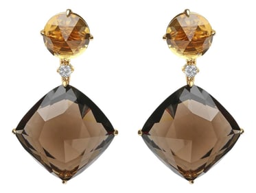 18K Yellow Gold 1/5 Cttw Diamond with Round Yellow Citrine and 25mm Cushion Cut Smoky Quartz Gemston