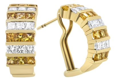 18K Yellow Gold 1 3/4 Cttw Invisible Set Princess Cut Diamond and 2.5mm Yellow Sapphire Huggie Hoop