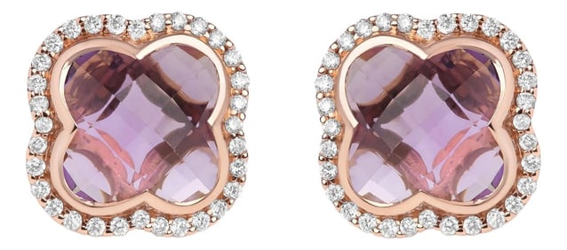 18K Rose Gold 3/8 Cttw Diamond and 11x11mm Clover-Cut Purple Amethyst Gemstone Clover Halo Stud Earr