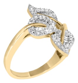 18K Yellow and White Gold Plated .925 Sterling Silver 3/8 Cttw Baguette and Round Diamond Bypass Tri