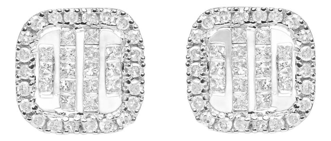 10K White Gold 7/8 Cttw Diamond Princess Composite and Halo Stud Earrings (I-J Color, I1-I2 Clarity)