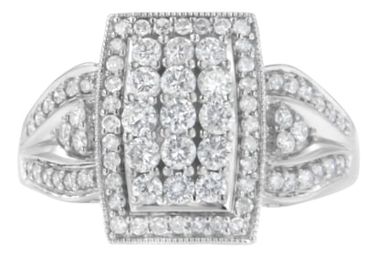 10K White Gold 1.0 Cttw Diamond Rectangular Cushion Shaped Cluster Halo Flared Band Cocktail Fashion