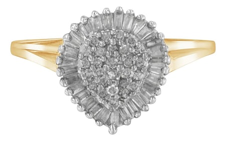 10K Yellow Gold 1/2 Cttw Round & Baguette Cut Diamond Pear Shaped Domed Pav?ɬ© Clust