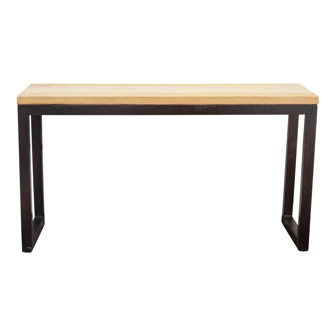Industrial Style Console Table: Sleek and modern, this industrial style console table was created by re-purposing old Burma teak into a smooth top that features a beautiful grain pattern with a hand-done bleached finish. The top sta