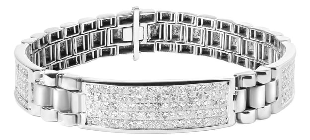 14K White Gold 12.0 Cttw Men's Invisible Set Princess Diamond Tennis Bracelet (G-H Color, VS1-VS2 Cl