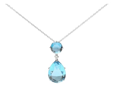 18K White Gold Diamond Accent and Round London Blue Topaz and Pear Cut Sky Blue Topaz Dangle Drop 18
