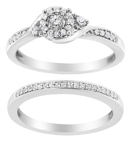 .925 Sterling Silver 1/4 Cttw Diamond Halo and Swirl Engagement Ring and Wedding Band Set (I-J Color