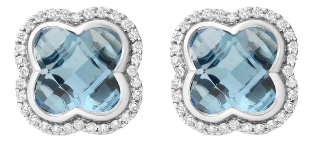 18K White Gold 3/8 Cttw Diamond and 11x11mm Clover-Cut London Blue Topaz Gemstone Halo Clover Stud E