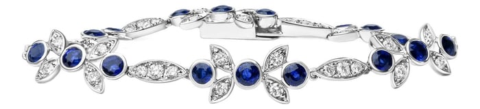 18K White Gold 1 3/4 Cttw Diamond and 3x3mm Round Blue Sapphire Gemstone Floral Link Bracelet (G-H C