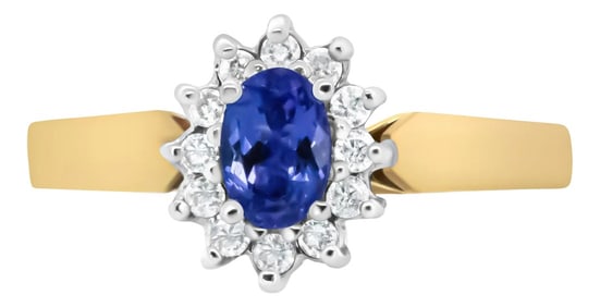 14K Yellow Gold 1/5 Cttw Round Diamond and 6x4mm Oval Blue Tanzanite Halo Ring (H-I Color, I1-I2 Cla