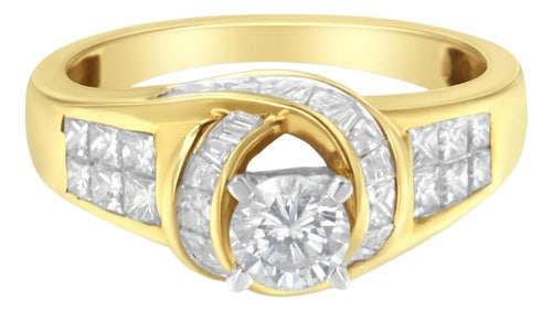14K Two-Toned Gold Round, Baguette and Princess Cut Diamond Ring (1 1/8 Cttw, H-I Color, SI2-I1 Clar