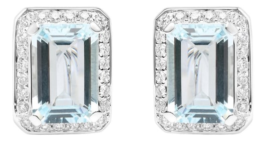 18K White Gold 3/4 Cttw Round Diamond and 13x9mm Emerald Cut Blue Aquamarine Gemstone Halo Omega Stu