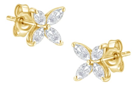 14K Yellow Gold 1/2 Cttw Marquise Diamond 8 Stone Floral Leaf Stud Earrings (H-I Color, SI1-SI2 Clar