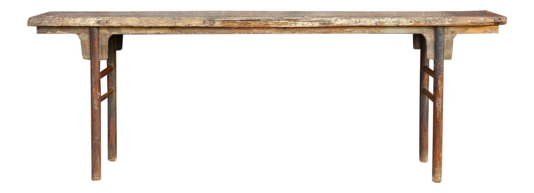 18th Century Chinese Long Altar Table: From the Shanxi province in China, this is an original piece from the Qing Dynasty. Its a farmhouse style console table with pole legs that maintains its original cracked patina. **Please bear in mind