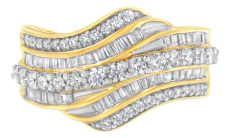 10K Yellow Gold 1.0 Cttw Baguette and Round Diamond Multi-Row Wave Bypass Ring ( Color, Clarity) - S