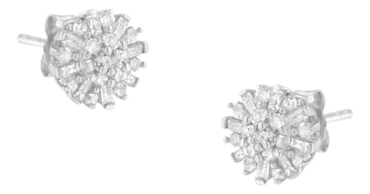 .925 Sterling Silver 1/2 Round and Baguette Diamond Sunburst Floral Cluster Stud Earrings (I-J Color