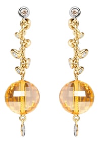 18K Yellow Gold 2/3 Cttw Round Bezel Diamond and 25mm Ball Shaped Yellow Citrine Gemstone Dangle Stu