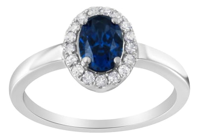 10K White Gold 1/5 Cttw Round Diamond and Prong Set 7MM Created Blue Sapphire Halo Cocktail Ring (H-