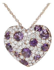 18K Rose Gold 3/4 Cttw Diamond and Purple Amethyst Cluster Heart Shape 18" Pendant Necklace (G-H Col