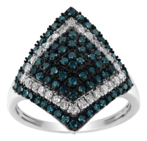 .925 Sterling Silver 1 cttw White and Treated Blue Diamond Rhombus Cocktail Ring (Blue, I3) - Size 7