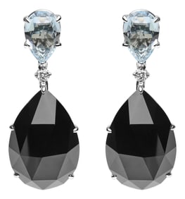 18K White Gold 1/5 Cttw Diamond with Pear Cut Sky Blue Topaz and Pear-Cut Black Onyx Gemstone Dangle