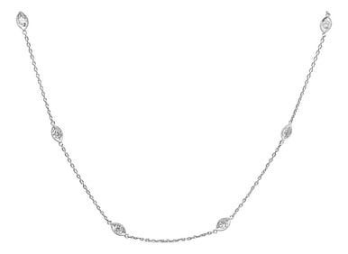 14K White Gold 1.00 Cttw Bezel Set Round Diamond Marquise Shaped Milgrain Station 18" Collar Necklac