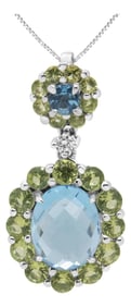 18k White Gold 0.05 Cttw Round Diamond and Blue Topaz and Green Peridot Gemstone Halo Drop 18" Penda