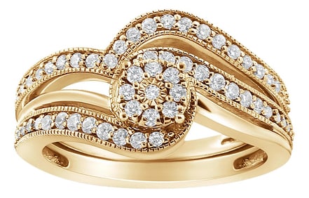 14K Yellow Gold Plated .925 Sterling Silver 1/3ct Cttw Multi-Diamond Bypass Vintage-Style Bridal Set