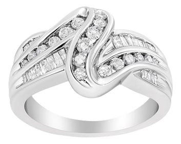 10K White Gold Ring 3/4 Cttw Round and Baguette-Cut Diamond Bypass Ring (H-I Color, I2-I3 Clarity) -