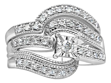 .925 Sterling Silver 1/3 Cttw Round Diamond Crisscross Engagement Ring Bridal Set (H-I Color, I1-I2