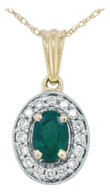 14K Yellow Gold 6x4mm Emerald and 1/5 Cttw Round Diamond Halo Pendant 18" Necklace - (H-I Color, SI1
