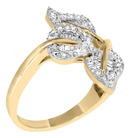 10k Yellow and White Gold 1/2 Cttw Baguette and Round Diamond Bypass Triple Leaf Ring (I-J Color, I1