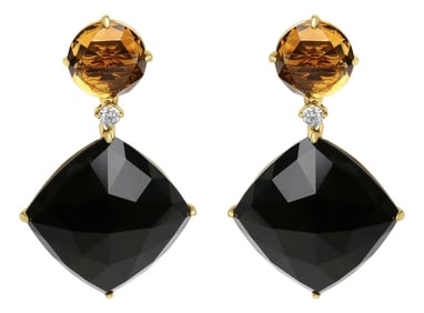 18K Yellow Gold 1/5 Cttw Diamond with Round Yellow Citrine and Cushion Cut Black Onyx Gemstone Dangl